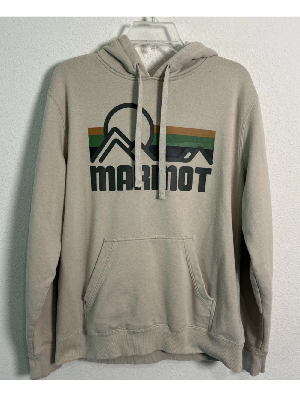 Marmot Mountain Works Hoodie Mens Lg Spellout Sweatshirt Hiking Outdoors Beige